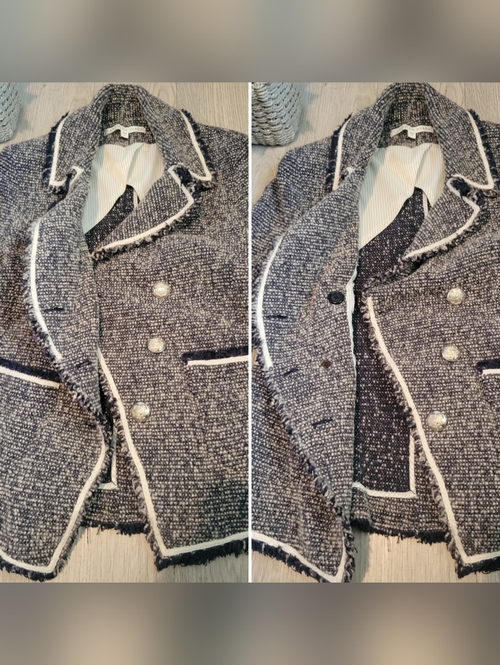 Veronica Beard Carroll Portrait Neckline Navy White Wool Blend Fringe Blazer, 12 - Picture 10 of 16